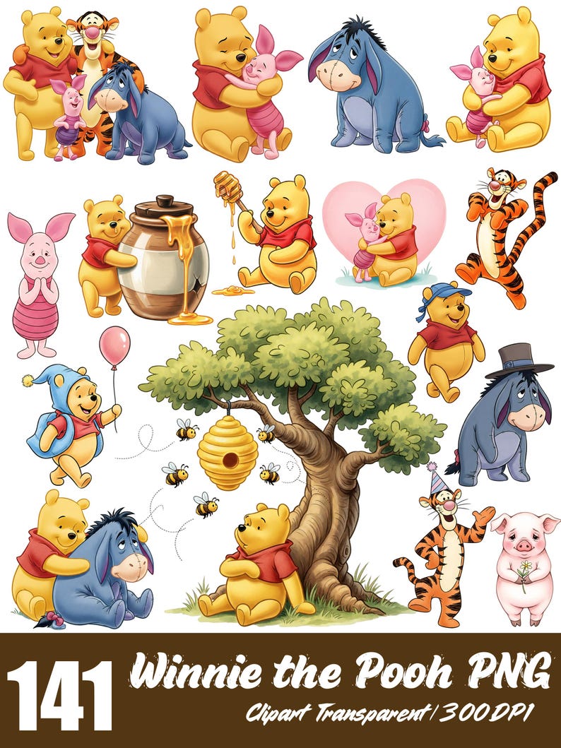 May include: A collection of colorful Winnie the Pooh PNG clipart images. The images feature Winnie the Pooh, Piglet, Eeyore, Tigger, and other characters. The text "141 Winnie the Pooh PNG Clipart Transparent / 300 DPI" is at the bottom.
