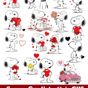 May include: A collection of Snoopy dog illustrations in various poses, holding hearts, flowers, and love letters. The images are in black and white with red heart accents, perfect for Valentine's Day. The text at the bottom reads "Snoopy Dog Valentin's PNG 50 Clipart Transparent / 300 DPI."