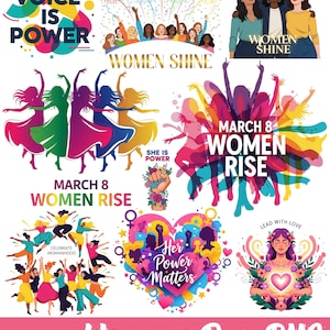 May include: A vibrant digital art collection with text elements such as "HER VOICE IS POWER" and "WOMEN SHINE." The illustrations depict women, fireworks, and floral designs, celebrating International Women's Day and female empowerment.