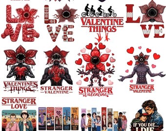 Retro Monster Valentine 105+ PNG Bundle, Stranger Love Gothic Valentine Design, Upside Down Heart 80s Parody, Anti Valentine PNG