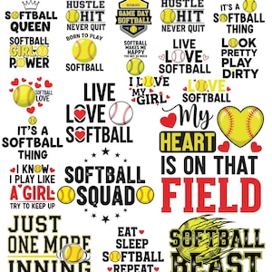 May include: A selection of softball-themed SVG designs featuring phrases such as "Softball Queen," "Hustle Hit," and "My Heart is on That Field," alongside softball graphics. The text "60 softball SVG Bundle" is also included.