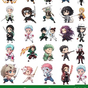 May include: A collection of 27 chibi-style Demon Slayer characters in various poses, each holding a weapon. The characters are in vibrant colors, with detailed outfits and expressions. The image includes the text "100 Demon Slayer PNG" in white on a green background.