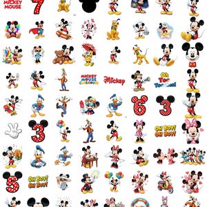 May include: A collection of colorful Mickey Mouse and Minnie Mouse stickers and graphics. The images include Mickey Mouse in various poses, along with numbers, text, and other Disney characters.