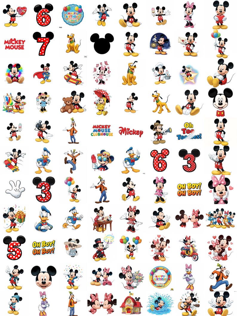 May include: A collection of colorful Mickey Mouse and Minnie Mouse stickers and graphics. The images include Mickey Mouse in various poses, along with numbers, text, and other Disney characters.