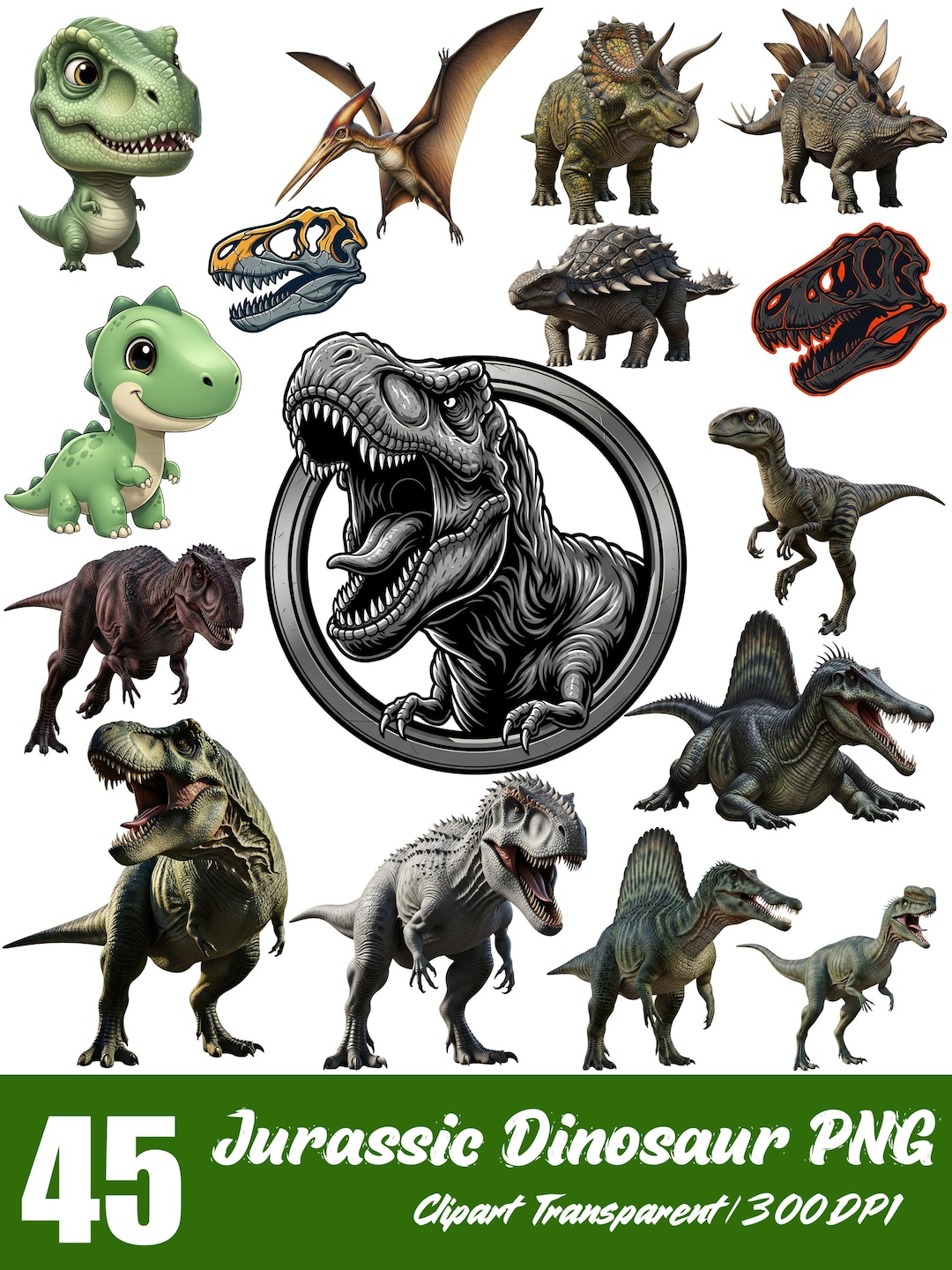 Jurassic Dinosaur Clipart Bundle: PNG & Digital Paper (digital Download ...