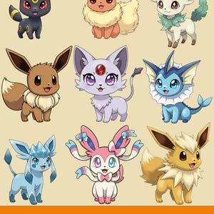 Può includere: Un'illustrazione digitale con nove evoluzioni di Eevee in stile chibi. Ogni personaggio è raffigurato con colori e caratteristiche uniche, tra cui Umbreon, Flareon, Leafeon, Espeon, Vaporeon, Glaceon, Sylveon e Jolteon. L'immagine include il testo "09 CHIBI EEVEE LUTIONE PNG".