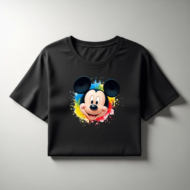 May include: Black crop top featuring a colorful graphic of Mickey Mouse's face. The design includes a vibrant splash of yellow, blue, red, and green paint around the character's head. The shirt has short sleeves and a crew neck.