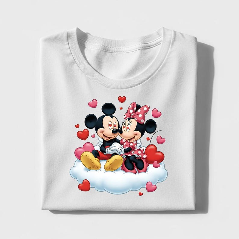 May include: White t-shirt featuring Mickey Mouse and Minnie Mouse embracing on a cloud, surrounded by red and pink hearts. Mickey is wearing black shorts and yellow shoes. Minnie is wearing a pink polka dot dress and bow.
