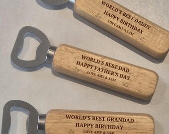 Personalised Wooden Bottle Opener, Engraved Gift for Dad