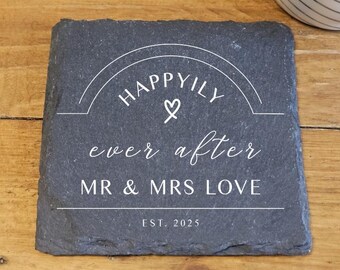 Personalised Slate Coasters and Bottle Opener Gift Box, Wedding Present for Couples, Unique Wedding Keepsake, Custom Newly Wed Gifts