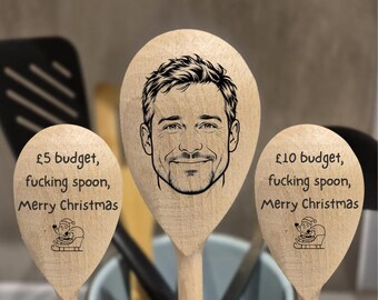 Funny Secret Santa Gift, Personalised Wooden Spoon with Face, Rude Christmas Present for Work Colleague, Novelty Office Xmas Gift