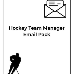 May include: White background with the text "Hockey Team Manager Email Pack" and an envelope icon. A black silhouette of a hockey player with a hockey stick is also present. The image is a graphic design.