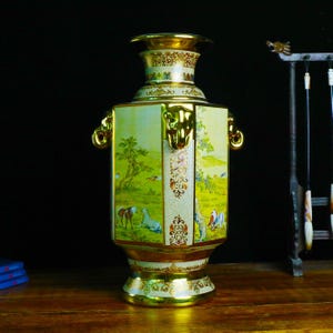 Jingdezhen Cloisonné Enamel Vase: Golden Horse Motif, Elephant Handles