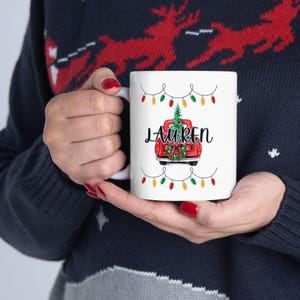 Personalized Christmas Truck Mug, Custom Name Red Truck Mug with Tree Lights, Holiday Coffee Cup Gift for Mom, Grandma, Sister or Bestie