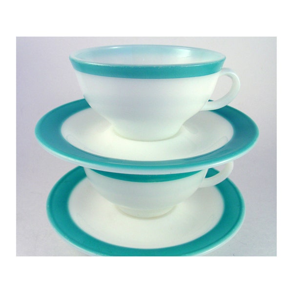 PYREX Milk Glass- Vintage Turquoise Teacup and Saucers - 2 sets