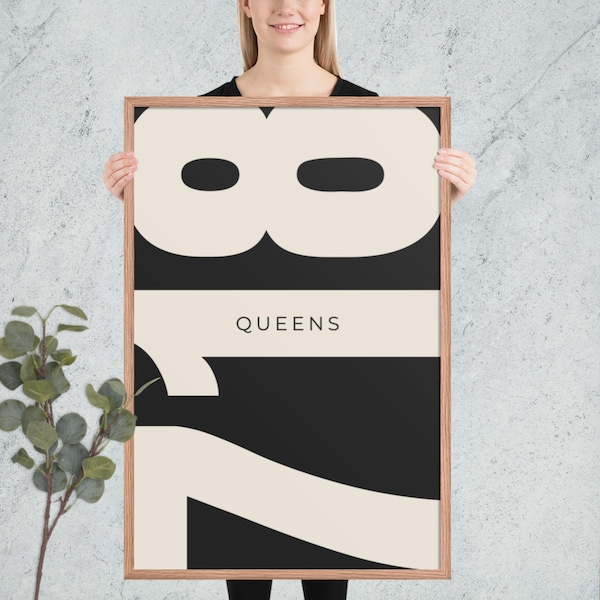 718 Queens Typography Poster, Modern Minimal Wall Art, Black and Ivory Framed Print, Large 24x36 or 20x30, New York Home Decor