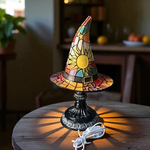 Stained Glass Witch Hat Lamp: Halloween LED Table Light, Vintage Style