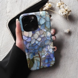 Blue Hydrangea Stained Glass Style Phone Case Wildflower Floral Artful Aesthetic Vintage Gift iPhone 13 14 15 16 Casing Tough Phone Cases