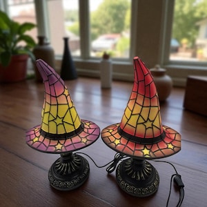 Stained Glass Witch Hat Lamp: Halloween LED Table Light, USB Powered