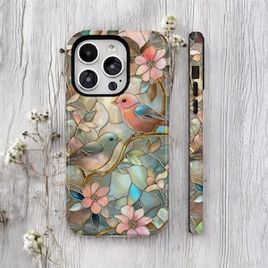 Birdie Stained Glass Style Apple iPhone Case, Wildflower Floral Artful Aesthetic Vintage Gift iPhone 13 14 15 16 Casing Tough Phone Cases