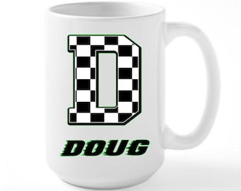 Personalized Coffee Mug With Checkered Flag Initial and Name