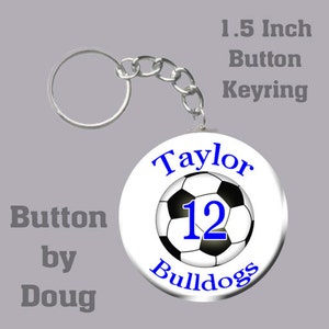Soccer Keyring featuring a personalized 1.5 Inch Charm with name, number, team name and color