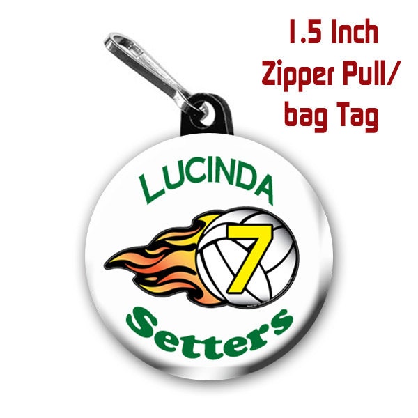 2 Personalized 1.5 Inch Volleyball Zipper Pull/Bag Tag with name, number, team name and colors.