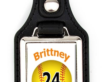 Personalized Softball Keychain, Faux Leather Key Ring, Team Gift