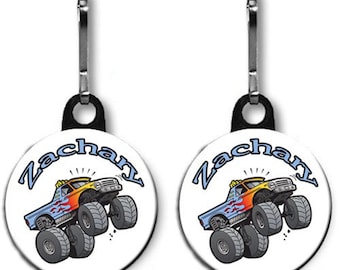 Two Personalized Monster Truck Zipper Pulls Bag Tags Large 1.5 Inch Personalized Buttons