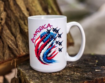 Patriotic America Coffee Mug with Jets - 12oz/15oz