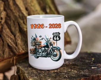 Route 66 Coffee Mug Celebrating 100th Birthday with a Motorcycle Design