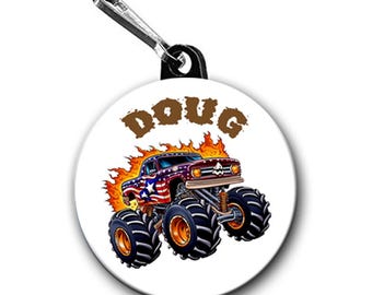 Two Personalized Monster Truck Zipper Pulls Bag Tags Large 1.5 Inch Personalized Buttons