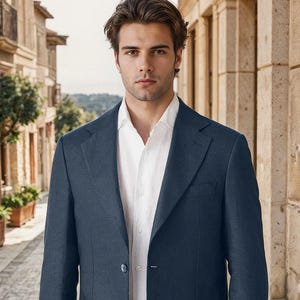 Men's Linen Blue Two Piece Men’s Suit | Summer Beach Wedding 2-Piece Outfit | Prom Party Look | Gift For Groom