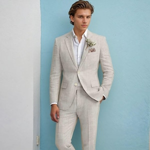 Beige Linen 2-Piece Suit for Men | Beach Wedding Outfit | Prom & Party Summer Suit