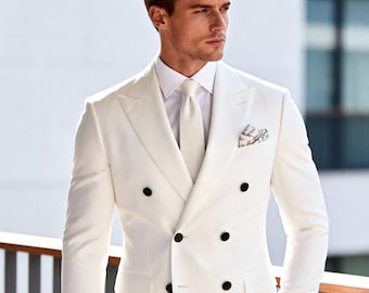 White Double Breasted Suit | Peak Lapel, Wedding Groom Tuxedo