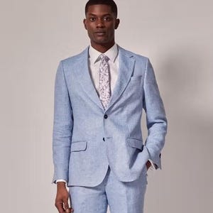 Blue Linen 2 Piece Suit for Men | Beach Wedding Groom Suit | Prom Party Summer Outfit | Lightweight Casual Formal Suit