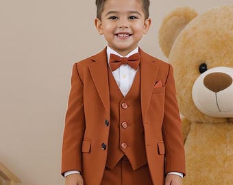 Traje naranja quemado para niños / Conjunto de 3 piezas para niños pequeños, atuendo para portador de anillos