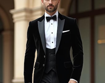 Men's Black Three Piece Wedding Suit | Custom Tailored Groom Tuxedo