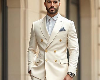 May include: A cream-colored double-breasted suit featuring a structured blazer with gold buttons, a white collared shirt, and matching tailored trousers. The ensemble is completed with brown leather dress shoes and a dark pocket square.