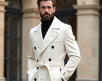 Gabardina de mezcla de lana color blanco roto / Abrigo formal a medida para hombre