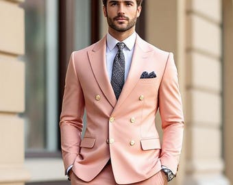 Peach Double Breasted Suit for Men | Slim Fit Wedding Tuxedo, Plus Size