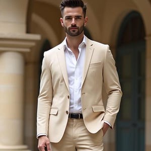 Beige Slim Fit Zweiteiler Hochzeitsanzug | Maßanfertigung Bräutigam Anzug | Maßgeschneiderte formelle Anzug | Frack | Groomsmen Outfit
