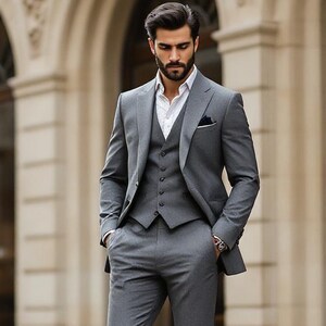 Men's Grey Three Piece Suit For Wedding, Prom, Party Wear Slim Fit Suit Gift For Grooms And Groomsmen
