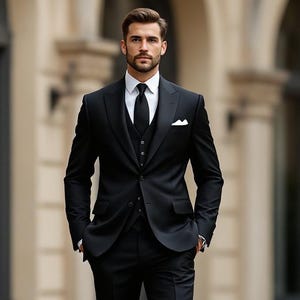 Men’s Black Tuxedo | 3-Piece Custom Suit Set | Formal Groom Outfit | Handmade Wedding Suit |  Suit For Groomsmen