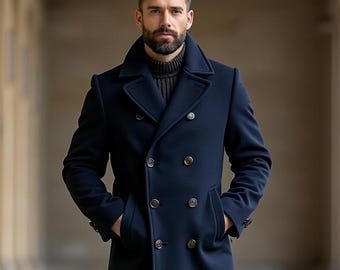 AQUASCUTUM Coat - Dark Blue Long Wool Coat Men / Vintage Raglan