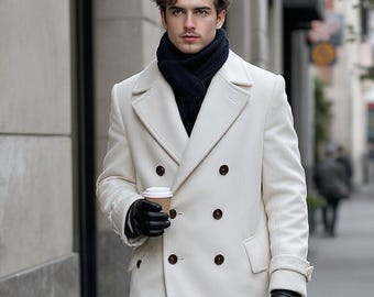 Abrigo de mezcla de lana blanca para hombre / Gabardina cruzada de invierno