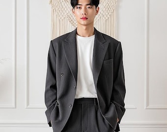 Dark Grey Oversized Blazer Suit, Korean Style Wide Leg Pant Set