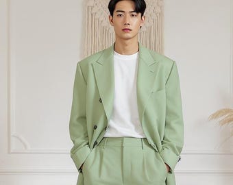 Light Green Oversized Blazer Suit, Korean Style Wide Leg Pant Set