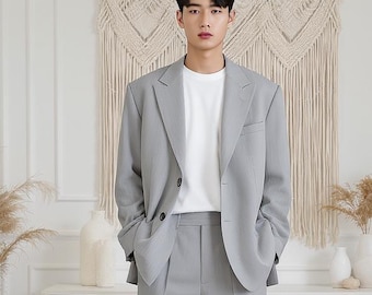 Light Grey Oversized Blazer Suit, Korean Style Wide Leg Pants, Custom Fit