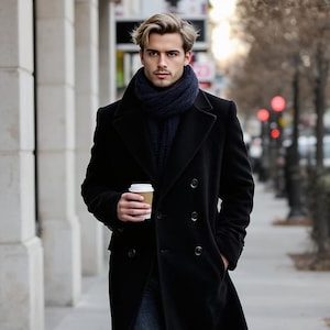 Abrigo de lana negro para hombre / Gabardina larga a medida, corte personalizado